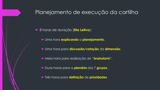 Planejamento de execução da cartilha
 8 horas de duração (Dia Letivo):
 Uma hora explicando o planejamento.
 Uma hora para discussão/votação da dimensão.
 Meia hora para realização do “brainstorm”.
 Duas horas para a plenária dos 7 grupos.
 Três horas para definição de prioridades.
 