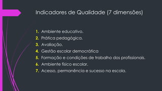 Indicadores de Qualidade (7 dimensões)
1. Ambiente educativo.
2. Prática pedagógica.
3. Avaliação.
4. Gestão escolar democrática
5. Formação e condições de trabalho dos profissionais.
6. Ambiente físico escolar.
7. Acesso, permanência e sucesso na escola.
 