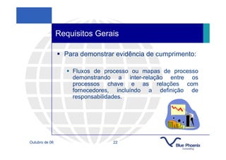 Requisitos Gerais

                  Para demonstrar evidência de cumprimento:

                    Fluxos de processo ou mapas de processo
                    demonstrando a inter-relação entre os
                    processos chave e as relações com
                    fornecedores, incluíndo a definição de
                    responsabilidades.




Outubro de 06                    22
 