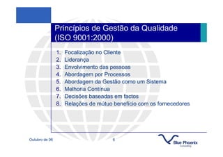 Princípios de Gestão da Qualidade
                (ISO 9001:2000)
                1.   Focalização no Cliente
                2.   Liderança
                3.   Envolvimento das pessoas
                4.   Abordagem por Processos
                5.   Abordagem da Gestão como um Sistema
                6.   Melhoria Contínua
                7.   Decisões baseadas em factos
                8.   Relações de mútuo benefício com os fornecedores




Outubro de 06                          6
 