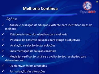 14
Melhoria ContínuaMelhoria Contínua
Ações:
 Análise e avaliação da situação existente para identificar áreas de
melhoria
 Estabelecimento dos objetivos para melhoria
 Pesquisa de possíveis soluções para atingir os objetivos
 Avaliação e seleção destas soluções
 Implementação da solução escolhida
 Medição, verificação, análise e avaliação dos resultados para
determinar se:
 Os objetivos foram atendidos
 Formalização das alterações
 