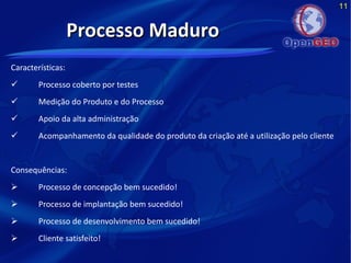 11
Características:
 Processo coberto por testes
 Medição do Produto e do Processo
 Apoio da alta administração
 Acompanhamento da qualidade do produto da criação até a utilização pelo cliente
Consequências:
 Processo de concepção bem sucedido!
 Processo de implantação bem sucedido!
 Processo de desenvolvimento bem sucedido!
 Cliente satisfeito!
Processo MaduroProcesso Maduro
 