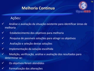 14
Melhoria ContínuaMelhoria Contínua
Ações:
 Análise e avaliação da situação existente para identificar áreas de
melhoria
 Estabelecimento dos objetivos para melhoria
 Pesquisa de possíveis soluções para atingir os objetivos
 Avaliação e seleção destas soluções
 Implementação da solução escolhida
 Medição, verificação, análise e avaliação dos resultados para
determinar se:
 Os objetivos foram atendidos
 Formalização das alterações
 