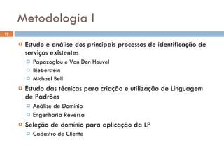 Metodologia I Estudo e análise dos principais processos de identificação de serviços existentes Papazoglou e Van Den Heuvel Bieberstein Michael Bell Estudo das técnicas para criação e utilização de Linguagem de Padrões Análise de Domínio Engenharia Reversa Seleção de domínio para aplicação da LP Cadastro de Cliente 