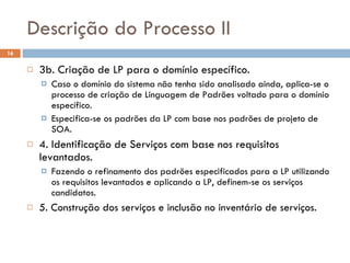 Descrição do Processo II 3b. Criação de LP para o domínio específico. Caso o domínio do sistema não tenha sido analisado ainda, aplica-se o processo de criação de Linguagem de Padrões voltado para o domínio específico. Especifica-se os padrões da LP com base nos padrões de projeto de SOA. 4. Identificação de Serviços com base nos requisitos levantados. Fazendo o refinamento dos padrões especificados para a LP utilizando os requisitos levantados e aplicando a LP, definem-se os serviços candidatos. 5. Construção dos serviços e inclusão no inventário de serviços. 