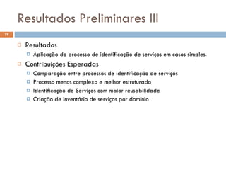 Resultados Preliminares III Resultados Aplicação do processo de identificação de serviços em casos simples. Contribuições Esperadas Comparação entre processos de identificação de serviços Processo menos complexo e melhor estruturado Identificação de Serviços com maior reusabilidade Criação de inventário de serviços por domínio 