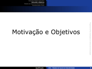 Motivação e Objetivos Televisão Digital Interativa Motivação e Objetivos Modelo de Canal de Interatividade Considerações Finais Qualificação ICG – Modelo de Canal de Interatividade 