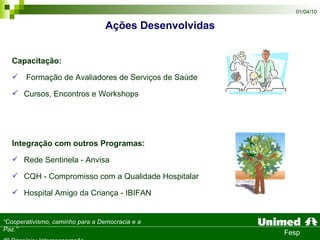 Capacitação: Formação de Avaliadores de Serviços de Saúde  Cursos, Encontros e Workshops Integração com outros Programas: Rede Sentinela - Anvisa  CQH - Compromisso com a Qualidade Hospitalar  Hospital Amigo da Criança - IBIFAN Ações Desenvolvidas  