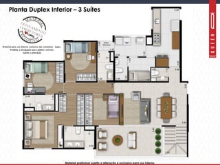 Material preliminar sujeito a alteração e exclusivo para uso interno.Material preliminar sujeito a alteração e exclusivo para uso interno.
Planta Duplex Inferior – 3 Suítes
 