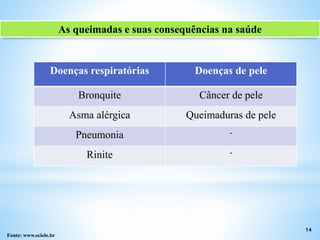 As queimadas e suas consequências na saúde
14
Doenças respiratórias Doenças de pele
Bronquite Câncer de pele
Asma alérgica Queimaduras de pele
Pneumonia -
Rinite -
Fonte: www.scielo.br
 
