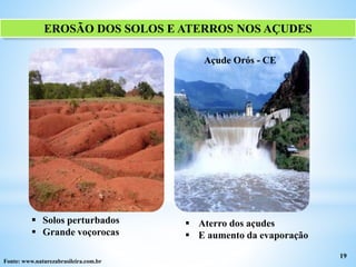 EROSÃO DOS SOLOS E ATERROS NOS AÇUDES
19
Fonte: www.naturezabrasileira.com.br
Açude Orós - CE
 Solos perturbados
 Grande voçorocas
 Aterro dos açudes
 E aumento da evaporação
 