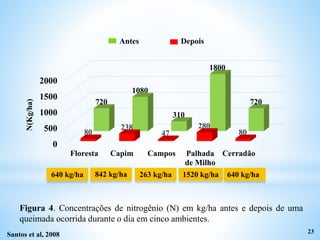 Figura 4. Concentrações de nitrogênio (N) em kg/ha antes e depois de uma
queimada ocorrida durante o dia em cinco ambientes.
0
500
1000
1500
2000
Floresta Capim Campos Palhada
de Milho
Cerradão
80
238
47
280
80
720
1080
310
1800
720
N(Kg/ha)
23
Antes Depois
Santos et al, 2008
640 kg/ha 842 kg/ha 263 kg/ha 1520 kg/ha 640 kg/ha
 