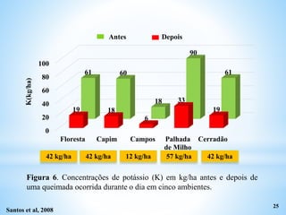 Figura 6. Concentrações de potássio (K) em kg/ha antes e depois de
uma queimada ocorrida durante o dia em cinco ambientes.
0
20
40
60
80
100
Floresta Capim Campos Palhada
de Milho
Cerradão
19 18
6
33
19
61 60
18
90
61
K(kg/ha)
25
DepoisAntes
Santos et al, 2008
42 kg/ha 42 kg/ha 12 kg/ha 57 kg/ha 42 kg/ha
 
