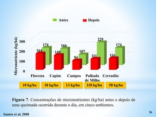 Figura 7. Concentrações de micronutrientes (kg/ha) antes e depois de
uma queimada ocorrida durante o dia, em cinco ambientes.
26
0
100
200
300
Floresta Capim Campos Palhada
de Milho
Cerradão
164 148
94 111 116
174 166
107
229
174
Micronutriente(kg/há)
Antes Depois
Santos et al, 2008
10 kg/ha 18 kg/ha 13 kg/ha 118 kg/ha 58 kg/ha
 