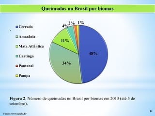 .
8
Figura 2. Número de queimadas no Brasil por biomas em 2013 (até 5 de
setembro).
Queimadas no Brasil por biomas
Fonte: www.scielo.br
48%
34%
11%
4%
2% 1%
Cerrado
Amazânia
Mata Atlântica
Caatinga
Pantanal
Pampa
 