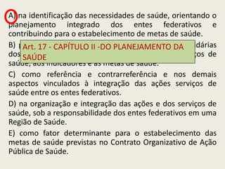 A) na identificação das necessidades de saúde, orientando o
planejamento integrado dos entes federativos e
contribuindo para o estabelecimento de metas de saúde.
B) para definir as responsabilidades individuaisDA solidárias
    Art. 17 - CAPÍTULO II -DO PLANEJAMENTO e
dos SAÚDEfederativos com relação às ações e serviços de
    entes
saúde, aos indicadores e às metas de saúde.
C) como referência e contrarreferência e nos demais
aspectos vinculados à integração das ações serviços de
saúde entre os entes federativos.
D) na organização e integração das ações e dos serviços de
saúde, sob a responsabilidade dos entes federativos em uma
Região de Saúde.
E) como fator determinante para o estabelecimento das
metas de saúde previstas no Contrato Organizativo de Ação
Pública de Saúde.
 