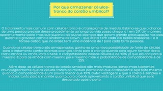 Por que armazenar células-
tronco do cordão umbilical?
O tratamento mais comum com células-tronco é o transplante de medula. Estima-se que a chance
de uma pessoa precisar desse procedimento ao longo da vida possa chegar a 1 em 217. Um número
aparentemente baixo, mas que supera o de outras doenças que geram grande preocupação nos pais
durante a gravidez, como a síndrome de Down — que afeta 1 em cada 700 bebês brasileiros — e a
fibrose cística, que, no Brasil, tem uma incidência de 1 para cada 10 mil pessoas.
Quando as células-tronco são armazenadas, ganha-se uma nova possibilidade de fonte de células
para o tratamento contra diversas doenças, tanto para a criança quanto para algum familiar direto,
como irmãos ou irmãs. Para o bebê, a compatibilidade dessas células é de 100%, já que ela doa para si
mesma. E para os irmãos com mesmo pai e mesma mãe, a probabilidade de compatibilidade é de
25%.
Além disso, as células-tronco do cordão umbilical são mais imaturas, sendo mais tolerantes
imunologicamente que as células-tronco da medula, permitindo que o transplante seja feito mesmo
quando a compatibilidade é um pouco menor que 100%. Outra vantagem é que a coleta é simples e
indolor, tanto para a mamãe quanto para o bebê, aproveitando o cordão umbilical que seria
descartado após o parto.
 