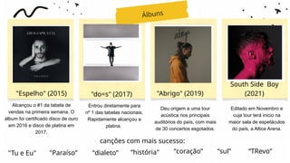 Álbuns
"do=s" (2017)
"Espelho" (2015) "Abrigo" (2019)
South Side Boy
(2021)
canções com mais sucesso:
Alcançou o #1 da tabela de
vendas na primeira semana. O
álbum foi certificado disco de ouro
em 2016 e disco de platina em
2017.
Entrou diretamente para
nº 1 das tabelas nacionais.
Rapidamente alcançou a
platina.
“história"
"Paraíso”
"Tu e Eu" “dialeto” “coração” “sul” “TRevo”
Deu origem a uma tour
acústica nos principais
auditórios do país, com mais
de 30 concertos esgotados.
Editado em Novembro e
cuja tour terá inicio na
maior sala de espetáculos
do país, a Altice Arena.
 