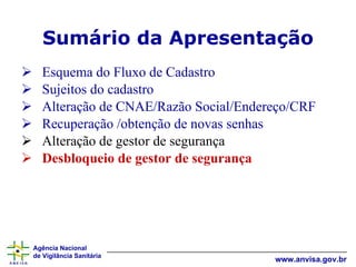 Esquema do Fluxo de Cadastro Sujeitos do cadastro Alteração de CNAE/Razão Social/Endereço/CRF Recuperação /obtenção de novas senhas Alteração de gestor de segurança Desbloqueio de gestor de segurança Sumário da Apresentação 