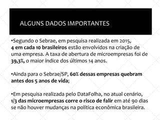 Inovação X TI
e
Empreendedorismo x nova empresa
ALGUNS DADOS IMPORTANTES
•Segundo o Sebrae, em pesquisa realizada em 2015,
4 em cada 10 brasileiros estão envolvidos na criação de
uma empresa. A taxa de abertura de microempresas foi de
39,3%, o maior índice dos últimos 14 anos.
•Ainda para o Sebrae/SP, 60% dessas empresas quebram
antes dos 5 anos de vida;
•Em pesquisa realizada pelo DataFolha, no atual cenário,
1/3 das microempresas corre o risco de falir em até 90 dias
se não houver mudanças na política econômica brasileira.
 