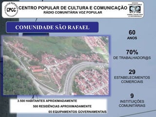 COMUNIDADE SÃO RAFAEL
3.500 HABITANTES APROXIMADAMENTE
500 RESIDÊNCIAS APROXIMADAMENTE
05 EQUIPAMENTOS GOVERNAMENTAIS
60
ANOS
70%
DE TRABALHADOR@S
29 ESTABELECIMENTOS
COMERCIAIS
9
INSTITUIÇÕES
COMUNITÁRIAS
CENTRO POPULAR DE CULTURA E COMUNICAÇÃO
RÁDIO COMUNITÁRIA VOZ POPULAR
 