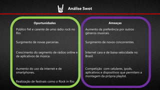 Análise Swot

Oportunidades

Ameaças

Público fiel e carente de uma rádio rock no
Rio.

Aumento da preferência por outros
gêneros musicais.

Surgimento de novas parcerias.

Surgimento de novos concorrentes.

Crescimento do segmento de rádios online e
de aplicativos de música.

Internet cara e de baixa velocidade no
Brasil.

Aumento do uso da internet e de
smartphones.

Competição com celulares, ipods,
aplicativos e dispositivos que permitem a
montagem da própria playlist.

Realização de festivais como o Rock in Rio.

 