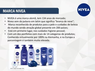 MARCA NIVEA
• NIVEA é uma marca alemã, tem 134 anos de mercado;
• Nivea vem da palavra em latim que significa "branca de neve“;
• Marca reconhecida de produtos para a pele e cuidados de beleza
do mundo sendo atração global presente em 200 países;
• Está em primeiro lugar, nos cuidados higiene pessoal;
• Com um dos portfolios com mais de 14 categorias de produtos;
Conhecida virtualmente por 100% na Alemanha, e na Europa a
porcentagem é também muito elevada.
Fonte: imagem do Google, 2016.
 