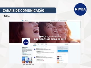 CANAIS DE COMUNICAÇÃO
Twitter
Fonte: Twitter,Nivea, 2016.
 