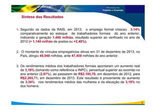 Síntese dos Resultados
1. Segundo os dados da RAIS, em 2013, o emprego formal cresceu 3,14%
comparativamente ao estoque de trabalhadores formais do ano anterior,
indicando a geração 1,490 milhão, resultado superior ao verificado no ano de
2012 (+ 1,148 milhão de postos ou +2,48%).
2. O montante de vínculos empregatícios ativos em 31 de dezembro de 2013, no
País, atingiu 48,948 milhões, ante 47,459 milhões do ano anterior.
3. Os rendimentos médios dos trabalhadores formais apontaram um aumento real
de 3,18% (tomando como referência o INPC), percentual superior ao ocorrido no
ano anterior (2,97%), ao passarem de R$2.195,78, em dezembro de 2012, para
R$2.265,71, em dezembro de 2013. Este resultado é proveniente do aumento
de 3,34% nos rendimentos médios das mulheres e da elevação de 3,18% no
dos homens.
3
 
