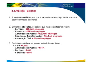 II. Emprego - Setorial
1. A análise setorial mostra que a expansão do emprego formal em 2013
ocorreu em todos os setores.
2. Em termos absolutos, os setores que mais se destacaram foram:
• Serviços: +558,6 mil empregos
• Comércio: +284,9 mil empregos
• Administração Pública: +403,0 mil empregos
• Indústria de Transformação: + 144,4 mil empregos
• Construção Civil: + 60,0 mil empregos
3. Em termos relativos, os setores mais dinâmicos foram:
• SIUP: +5,06%
• Administração Pública: +4,51%
• Serviços: +3,46%
• Comércio: +3,09%
7
 