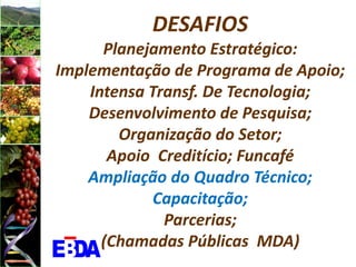 DESAFIOS
      Planejamento Estratégico:
Implementação de Programa de Apoio;
    Intensa Transf. De Tecnologia;
    Desenvolvimento de Pesquisa;
        Organização do Setor;
       Apoio Creditício; Funcafé
    Ampliação do Quadro Técnico;
            Capacitação;
              Parcerias;
      (Chamadas Públicas MDA)
 