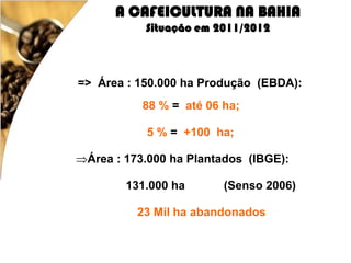 A CAFEICULTURA NA BAHIA
           Situação em 2011/2012



=> Área : 150.000 ha Produção (EBDA):
           88 % = até 06 ha;

            5 % = +100 ha;

Área : 173.000 ha Plantados (IBGE):

        131.000 ha       (Senso 2006)

          23 Mil ha abandonados
 