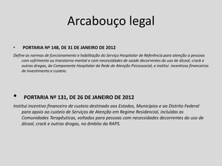 Arcabouço legal
• PORTARIA Nº 148, DE 31 DE JANEIRO DE 2012
Define as normas de funcionamento e habilitação do Serviço Hospitalar de Referência para atenção a pessoas
com sofrimento ou transtorno mental e com necessidades de saúde decorrentes do uso de álcool, crack e
outras drogas, do Componente Hospitalar da Rede de Atenção Psicossocial, e institui incentivos financeiros
de investimento e custeio.
• PORTARIA Nº 131, DE 26 DE JANEIRO DE 2012
Institui incentivo financeiro de custeio destinado aos Estados, Municípios e ao Distrito Federal
para apoio ao custeio de Serviços de Atenção em Regime Residencial, incluídas as
Comunidades Terapêuticas, voltados para pessoas com necessidades decorrentes do uso de
álcool, crack e outras drogas, no âmbito da RAPS.
 
