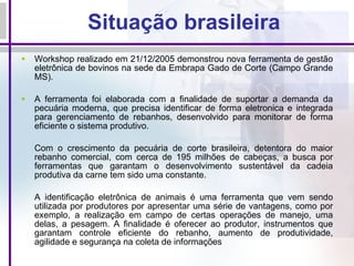 Situação brasileira Workshop realizado em 21/12/2005 demonstrou nova ferramenta de gestão eletrônica de bovinos na sede da Embrapa Gado de Corte (Campo Grande MS).  A ferramenta foi elaborada com a finalidade de suportar a demanda da pecuária moderna, que precisa identificar de forma eletronica e integrada para gerenciamento de rebanhos, desenvolvido para monitorar de forma eficiente o sistema produtivo. Com o crescimento da pecuária de corte brasileira, detentora do maior rebanho comercial, com cerca de 195 milhões de cabeças, a busca por ferramentas que garantam o desenvolvimento sustentável da cadeia produtiva da carne tem sido uma constante. A identificação eletrônica de animais é uma ferramenta que vem sendo utilizada por produtores por apresentar uma série de vantagens, como por exemplo, a realização em campo de certas operações de manejo, uma delas, a pesagem. A finalidade é oferecer ao produtor, instrumentos que garantam controle eficiente do rebanho, aumento de produtividade, agilidade e segurança na coleta de informações  