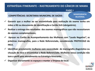 ESTRATÉGIA ITINERANTE – RASTREAMENTO DO CÂNCER DE MAMA
COMPETÊNCIAS: SECRETARIA MUNICIPAL DE SAÚDE:
 Garantir que a mulher ao ser encaminhada para realização do exame tenha em
mãos o RG ou documento de identificação e Cartão SUS (obrigatório);
 Realizar a entrega dos resultados dos exames mamográficos que não necessitarem
de exames complementares;
 Aprazar no Cartão de Acompanhamento das Mulheres com “Laudo Negativo”, as
próximas mamografias, para a Rede Referenciada, considerando PROTOCOLO do
INCA.
 Identificar previamente mulheres com necessidade de mamografia diagnóstica ou
situação de risco e encaminhar a Rede Referenciada. Mulheres nessa condição não
tem o perfil para atendimento na Estratégia Itinerante;
 Organizar diariamente os espaços e manter a limpeza do local.
MAMOGRAFIA
BILATERAL
FASE I
SUREGS
 