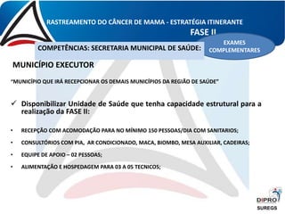 RASTREAMENTO DO CÂNCER DE MAMA - ESTRATÉGIA ITINERANTE
FASE II
MUNICÍPIO EXECUTOR
“MUNICÍPIO QUE IRÁ RECEPCIONAR OS DEMAIS MUNICÍPIOS DA REGIÃO DE SAÚDE”
 Disponibilizar Unidade de Saúde que tenha capacidade estrutural para a
realização da FASE II:
• RECEPÇÃO COM ACOMODAÇÃO PARA NO MÍNIMO 150 PESSOAS/DIA COM SANITARIOS;
• CONSULTÓRIOS COM PIA, AR CONDICIONADO, MACA, BIOMBO, MESA AUXILIAR, CADEIRAS;
• EQUIPE DE APOIO – 02 PESSOAS;
• ALIMENTAÇÃO E HOSPEDAGEM PARA 03 A 05 TECNICOS;
EXAMES
COMPLEMENTARESCOMPETÊNCIAS: SECRETARIA MUNICIPAL DE SAÚDE:
SUREGS
 