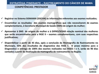 ESTRATÉGIA ITINERANTE – RASTREAMENTO DO CÂNCER DE MAMA
COMPETÊNCIAS: PRESTADOR
 Registrar no Sistema SISMAMA (SISCAN) as informações referentes aos exames realizados;
 Encaminhar os resultados dos exames mamográficos que não necessitarem de exames
complementares, à Secretaria Municipal de Saúde (SMS) de origem da mulher;
 Apresentar à SMS de origem da mulher e à DIPRO/SESAB relação nominal das mulheres
que serão encaminhadas para a FASE II – exames complementares, com suas respectivas
justificativas;
 Disponibilizar a partir de 45 dias, após a conclusão da Mamografia de Rastreamento no
Município, 50% dos resultados do diagnostico das FASE I. O prazo máximo para o
Diagnostico e entrega de 100% dos exames realizados nas FASES I e II, serão de 90 dias
contados a partir da finalização da mamografia de rastreamento na Região.
SUREGS
 