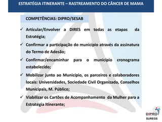  Articular/Envolver a DIRES em todas as etapas da
Estratégia;
 Confirmar a participação do município através da assinatura
do Termo de Adesão;
 Confirmar/encaminhar para o município cronograma
estabelecido;
 Mobilizar junto ao Município, os parceiros e colaboradores
locais: Universidades, Sociedade Civil Organizada, Conselhos
Municipais, M. Público;
 Viabilizar os Cartões de Acompanhamento da Mulher para a
Estratégia Itinerante;
ESTRATÉGIA ITINERANTE – RASTREAMENTO DO CÂNCER DE MAMA
COMPETÊNCIAS: DIPRO/SESAB
SUREGS
 