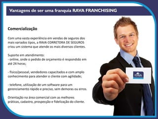 Comercialização
Com uma vasta experiência em vendas de seguros dos
mais variados tipos, a RAVA CORRETORA DE SEGUROS
criou um sistema que atende os mais diversos clientes.
Suporte em atendimento:
- online, onde o pedido de orçamento é respondido em
até 24 horas;
- físico/pessoal, vendedores capacitados e com amplo
conhecimento para atender o cliente com agilidade;
- telefone, utilização de um software para um
gerenciamento rápido e preciso, sem demoras ou erros.
Orientação na área comercial com as melhores
práticas, cadastro, prospecção e fidelização do cliente.
 