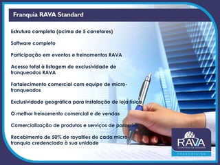 Estrutura completa (acima de 5 corretores)
Software completo
Participação em eventos e treinamentos RAVA
Acesso total à listagem de exclusividade de
franqueados RAVA
Fortalecimento comercial com equipe de micro-
franqueados
Exclusividade geográfica para instalação de loja física
O melhor treinamento comercial e de vendas
Comercialização de produtos e serviços de parcerias
Recebimento de 50% de royalties de cada micro-
franquia credenciada à sua unidade
 
