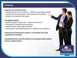 Expertise com mais de 12 anos
- relacionamento com as maiores e melhores seguradoras do país
- monitoramento de processos administrativos e comerciais
- seleção e recrutamento de equipe
Tecnologia de ponta
- gestão avançada e rápida com sistema multicálculos
- velocidade de resposta nos orçamentos
- atendimento de sinistro ágil e eficiente
- sistema web e tecnologia de ponta na gestão de seus negócios
Profissionais treinados para atender a sua franquia com larga
experiência de mercado
Acompanhamento vivencial dentro de sua franquia dando suporte
técnico e administrativo
 