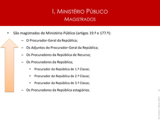 I. MINISTÉRIO PÚBLICO
MAGISTRADOS
• São magistrados do Ministério Público (artigos 19.º e 177.º):
– O Procurador-Geral da República;
– Os Adjuntos do Procurador-Geral da República;
– Os Procuradores da República de Recurso;
– Os Procuradores da República;
• Procurador da República de 1.ª Classe;
• Procurador da República de 2.ª Classe;
• Procurador da República de 3.ª Classe;
– Os Procuradores da República estagiários.
Rui
Cardoso
|
Março_2024
|
16
 