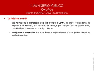 I. MINISTÉRIO PÚBLICO
ÓRGÃOS
PROCURADORIA-GERAL DA REPÚBLICA
• Os Adjuntos do PGR
– são nomeados e exonerados pelo PR, ouvido o CSMP, de entre procuradores da
República de Recurso, em comissão de serviço, por um período de quatro anos,
renovável por uma única vez – artigo 193 EMP
– coadjuvam e substituem nas suas faltas e impedimentos o PGR; podem dirigir os
gabinetes centrais
Rui
Cardoso
|
Março_2024
|
22
 