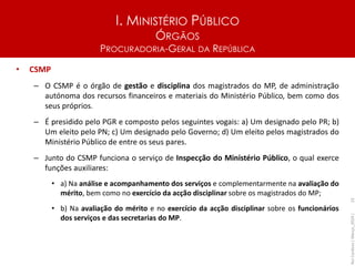 I. MINISTÉRIO PÚBLICO
ÓRGÃOS
PROCURADORIA-GERAL DA REPÚBLICA
• CSMP
– O CSMP é o órgão de gestão e disciplina dos magistrados do MP, de administração
autónoma dos recursos financeiros e materiais do Ministério Público, bem como dos
seus próprios.
– É presidido pelo PGR e composto pelos seguintes vogais: a) Um designado pelo PR; b)
Um eleito pelo PN; c) Um designado pelo Governo; d) Um eleito pelos magistrados do
Ministério Público de entre os seus pares.
– Junto do CSMP funciona o serviço de Inspecção do Ministério Público, o qual exerce
funções auxiliares:
• a) Na análise e acompanhamento dos serviços e complementarmente na avaliação do
mérito, bem como no exercício da acção disciplinar sobre os magistrados do MP;
• b) Na avaliação do mérito e no exercício da acção disciplinar sobre os funcionários
dos serviços e das secretarias do MP.
Rui
Cardoso
|
Março_2024
|
23
 