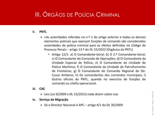 III. ÓRGÃOS DE POLÍCIA CRIMINAL
ii. PNTL
» «As autoridades referidas no n.º 1 do artigo anterior e todos os demais
elementos policiais que exerçam funções de comando são considerados
autoridades de polícia criminal para os efeitos definidos no Código de
Processo Penal» - artigo 13.º do DL 55/2022 (Orgânica da PNTL)
• Artigo 12/1: a) O Comandante-Geral; b) O 2.º Comandante-Geral;
c) O Comandante do Comando de Operações; d) O Comandante da
Unidade Especial de Polícia; e) O Comandante da Unidade de
Polícia Marítima; f) O Comandante da Unidade de Patrulhamento
de Fronteiras; g) O Comandante do Comando Regional de Oe-
Cusse Ambeno; h) Os comandantes dos comandos municipais; i)
Outros oficiais da PNTL, quando no exercício de funções de
comando ou chefia operacional.
iii. CAC
» Leis (Lei 8/2009 e DL 23/2015) nada dizem sobre isso
iv. Serviço de Migração
» Só o Director Nacional é APC – artigo 4/1 do DL 30/2009
Rui
Cardoso
|
Março_2024
|
54
 