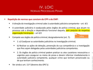 IV. LOIC
NORMAS PROCESSUAIS PENAIS
58
▪ Repetição de normas que constam do CPP e do EMP:
▪ A direção da investigação criminal cabe à autoridade judiciária competente – art. 4/1
▪ A autoridade judiciária é coadjuvada pelos órgãos de polícia criminal, que atuam no
processo sob a direção e dependência funcional daquela, sem prejuízo da respetiva
organização hierárquica – art 4/2
▪ Compete aos órgãos de polícia criminal, designadamente (art. 7):
▪ 1: a) Coadjuvar as autoridades judiciárias na investigação criminal;
▪ b) Realizar as ações de deteção, prevenção da sua competência e a investigação
que lhes sejam delegadas pelas autoridades judiciárias competentes.
▪ 2. Os órgãos de polícia criminal podem praticar os atos cautelares necessários e
urgentes para assegurar os meios de prova e devem informar imediatamente à
autoridade judiciária competente, qualquer crime que tenham presenciado ou
de que tenham conhecimento.
▪ Ver ainda o art. 13.º (deveres dos OPC’s)
Rui
Cardoso
|
Março_2024
|
Infra
 