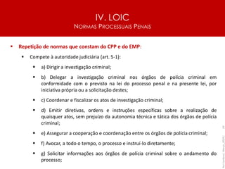 IV. LOIC
NORMAS PROCESSUAIS PENAIS
59
▪ Repetição de normas que constam do CPP e do EMP:
▪ Compete à autoridade judiciária (art. 5-1):
▪ a) Dirigir a investigação criminal;
▪ b) Delegar a investigação criminal nos órgãos de polícia criminal em
conformidade com o previsto na lei do processo penal e na presente lei, por
iniciativa própria ou a solicitação destes;
▪ c) Coordenar e fiscalizar os atos de investigação criminal;
▪ d) Emitir diretivas, ordens e instruções específicas sobre a realização de
quaisquer atos, sem prejuízo da autonomia técnica e tática dos órgãos de polícia
criminal;
▪ e) Assegurar a cooperação e coordenação entre os órgãos de polícia criminal;
▪ f) Avocar, a todo o tempo, o processo e instruí-lo diretamente;
▪ g) Solicitar informações aos órgãos de polícia criminal sobre o andamento do
processo;
Rui
Cardoso
|
Março_2024
|
 