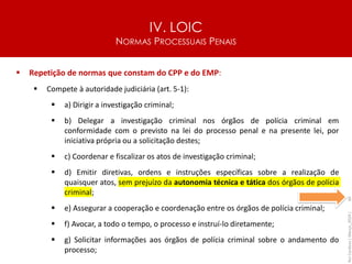 IV. LOIC
NORMAS PROCESSUAIS PENAIS
60
▪ Repetição de normas que constam do CPP e do EMP:
▪ Compete à autoridade judiciária (art. 5-1):
▪ a) Dirigir a investigação criminal;
▪ b) Delegar a investigação criminal nos órgãos de polícia criminal em
conformidade com o previsto na lei do processo penal e na presente lei, por
iniciativa própria ou a solicitação destes;
▪ c) Coordenar e fiscalizar os atos de investigação criminal;
▪ d) Emitir diretivas, ordens e instruções específicas sobre a realização de
quaisquer atos, sem prejuízo da autonomia técnica e tática dos órgãos de polícia
criminal;
▪ e) Assegurar a cooperação e coordenação entre os órgãos de polícia criminal;
▪ f) Avocar, a todo o tempo, o processo e instruí-lo diretamente;
▪ g) Solicitar informações aos órgãos de polícia criminal sobre o andamento do
processo;
Rui
Cardoso
|
Março_2024
|
 