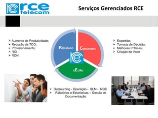 Serviços Gerenciados RCE




 Aumento de Produtividade;                                                Expertise;
 Redução de TCO;                                                          Tomada de Decisão;
 Provisionamento;                                                         Melhores Práticas;
 ROI                                                                      Criação de Valor
 RONI




                               Outsourcing - Operação - SLM - NOC
                               Relatórios e Estatísticas – Gestão de
                                       Documentação
 