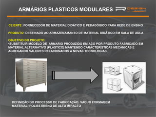 ARMÁRIOS PLASTICOS MODULARES
CLIENTE: FORNECEDOR DE MATERIAL DIDÁTICO E PEDAGÓGICO PARA REDE DE ENSINO
PRODUTO: DESTINADO AO ARMAZENAMANTO DE MATERIAL DIDÁTICO EM SALA DE AULA
OBJETIVO DO PROJETO:
•SUBSTITUIR MODELO DE ARMARIO PRODUZIDO EM AÇO POR PRODUTO FABRICADO EM
MATERIAL ALTERNATIVO (PLÁSTICO) MANTENDO CARACTERÍSTICAS MECÂNICAS E
AGREGANDO VALORES RELACIONADOS A NOVAS TECNOLOGIAS

DEFINIÇÃO DO PROCESSO DE FABRICAÇÃO: VACUO FORMAGEM
MATERIAL: POLIESTIRENO DE ALTO IMPACTO

 